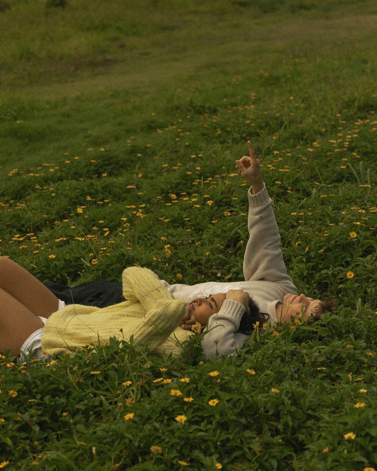Personas relajándose tumbadas en un campo verde