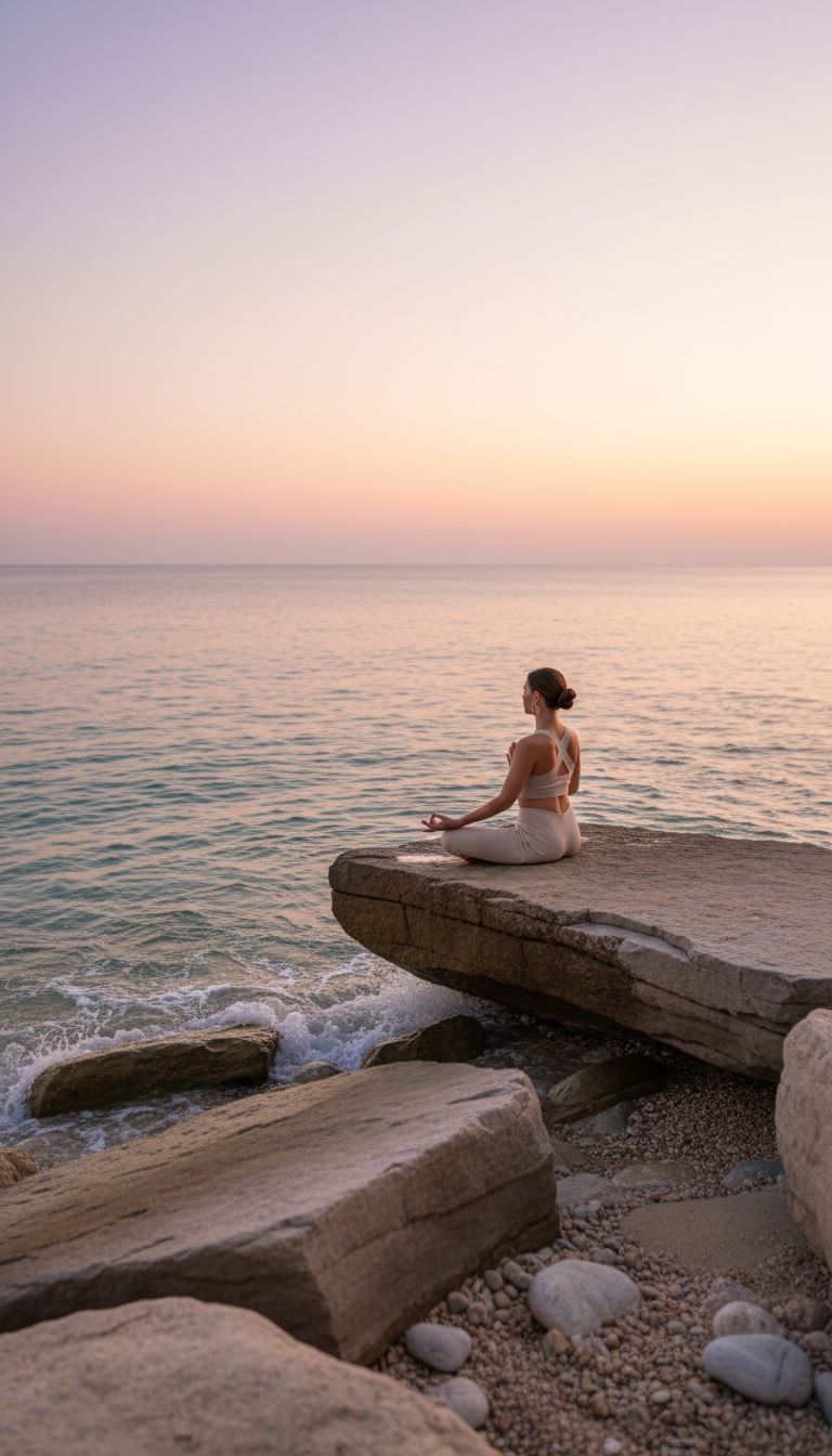 Mujer sentada frente al mar en un momento de calma y reflexión