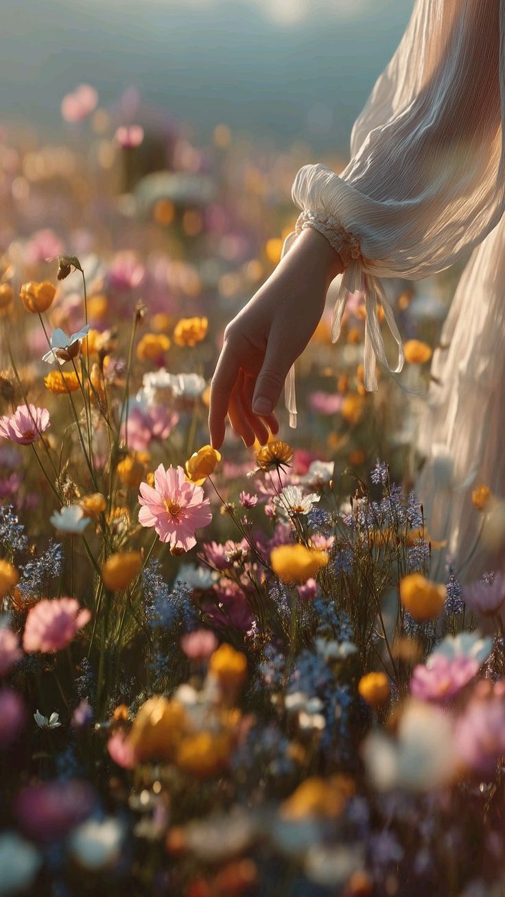 Mano tocando flores silvestres en un campo iluminado por el sol