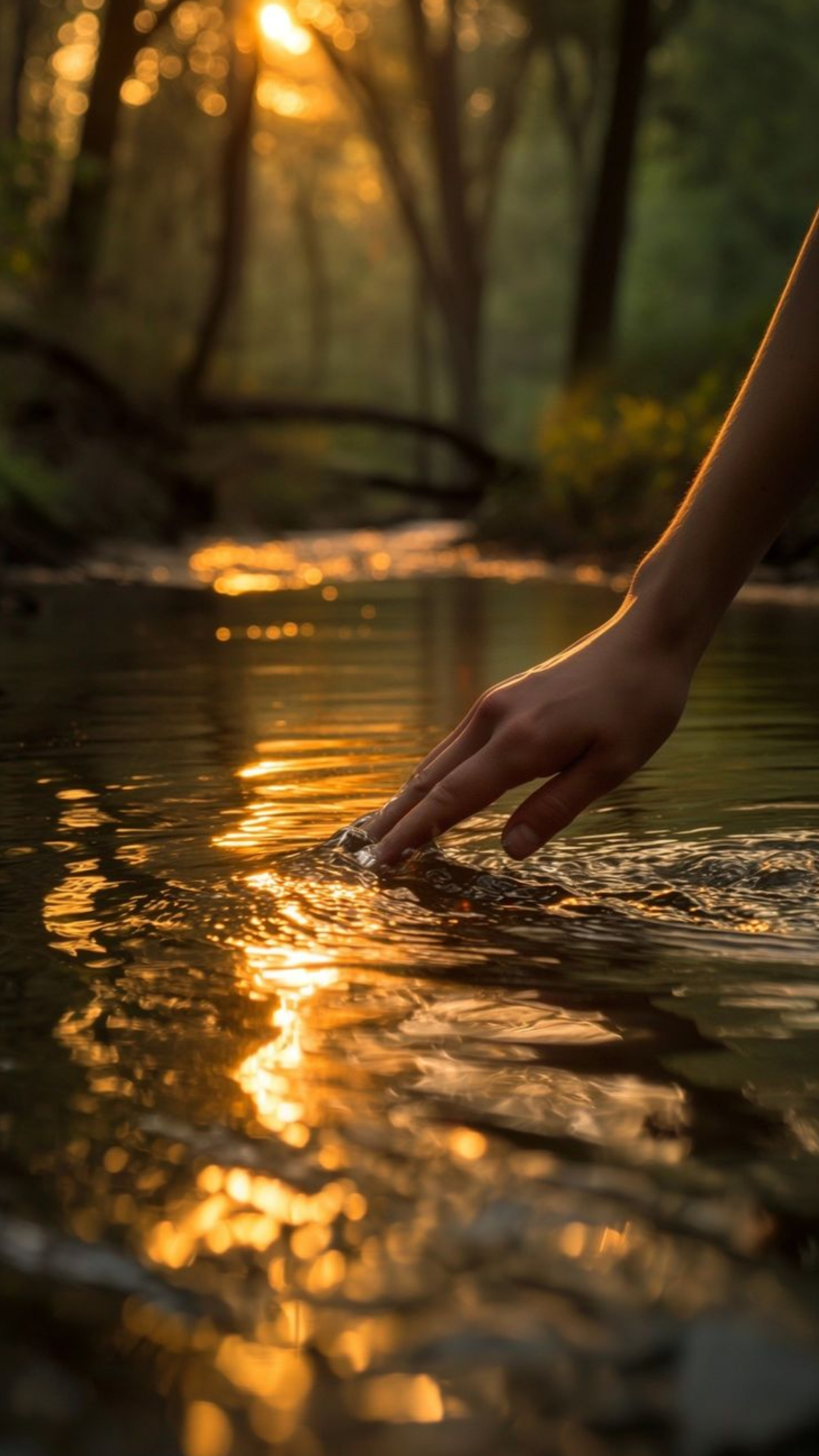 Mano tocando el agua de un río al atardecer con reflejo dorado