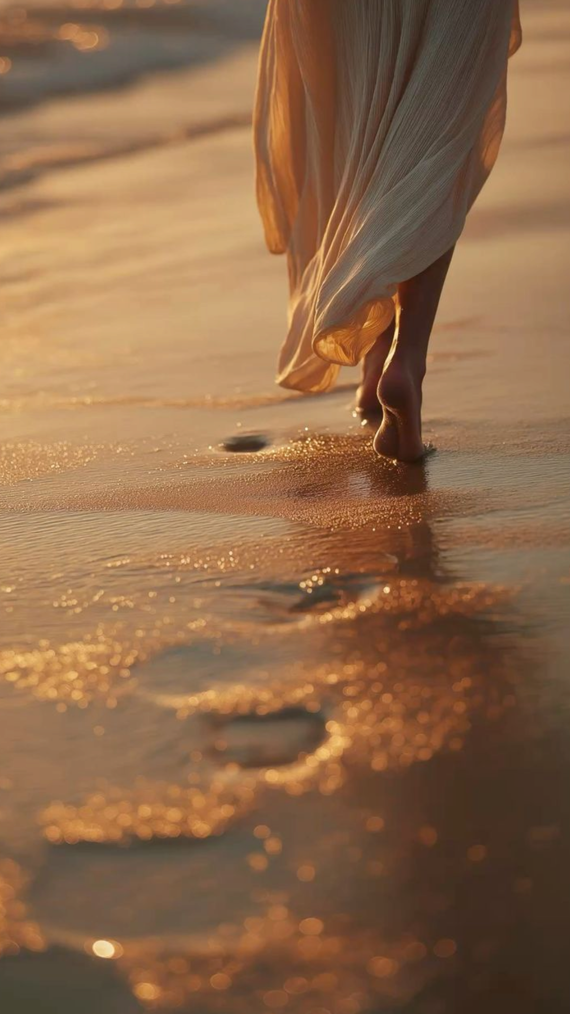 Chica caminando por la playa en el atardecer